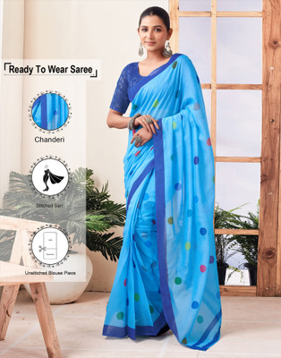 Samah Polka Print Daily Wear Chanderi Saree(Light Blue, Multicolor)
