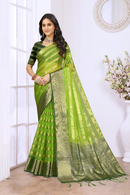 Aarunika BS Woven, Striped Bollywood Organza Saree(Light Green)