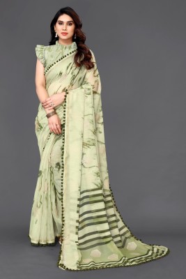 BHAGYAVATI DESIGNER Geometric Print, Printed Bollywood Cotton Linen Saree(Light Green)