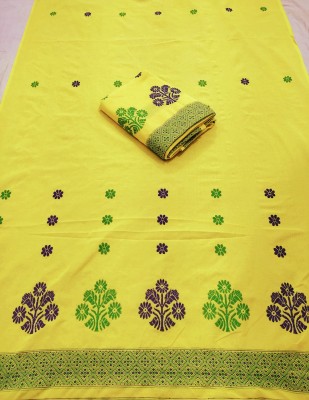 Karbi cotton mekhela Codor Woven, Temple Border Mekhela Chador Cotton Silk Saree(Yellow)