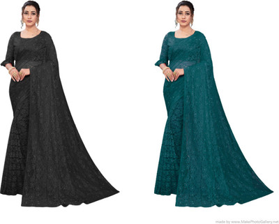 Nilkanthvarni Creation Self Design Bollywood Net Saree(Pack of 2, Black, Dark Green)