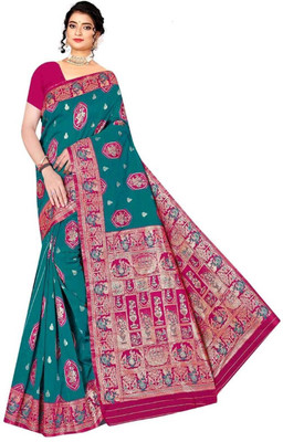 Radharani fusion Woven, Temple Border Paithani Art Silk Saree(Blue)