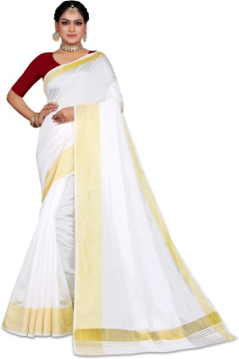 Meraru Solid/Plain Kasavu Cotton Silk Saree(White, Maroon)