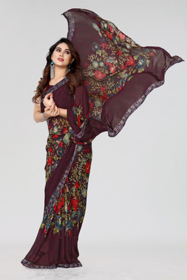 Nirvaan Floral Print Bollywood Georgette Saree(Purple)