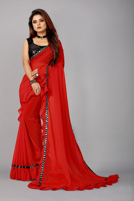 FIERTE Solid/Plain Bollywood Georgette, Chiffon Saree(Red)
