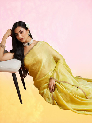 Croza Solid/Plain Chanderi Chiffon, Tussar Silk Saree(Yellow)