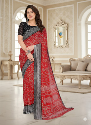 SmittenSmit Printed Bollywood Georgette Saree(Red, Black)
