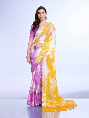RekhaManiyar Printed Bollywood Chiffon Saree(Yellow)