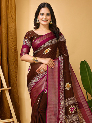 Anouk Rustic Printed Chinnalapattu Silk Blend Saree(Brown)