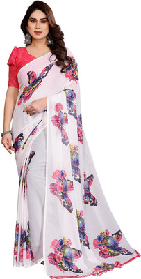 Moda Rapido Animal Print, Floral Print Bollywood Georgette Saree(White, Pink)