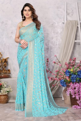 FABMORA Printed, Embellished Bollywood Georgette Saree(Light Blue)