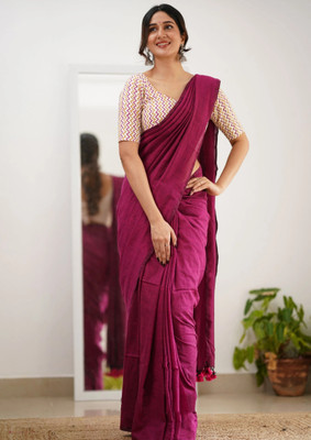 JHIJUU Solid/Plain Handloom Cotton Blend Saree(Pink)