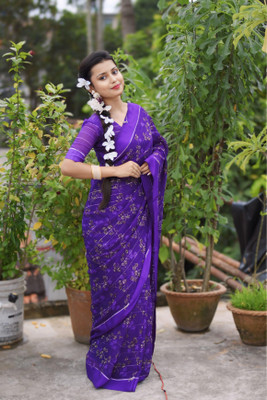 Moda Rapido Printed, Self Design, Floral Print, Embellished Bollywood Georgette, Satin Saree(Purple)