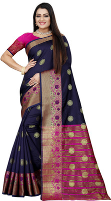 JS Clothing Mart Printed Kanjivaram Silk Blend Saree(Dark Blue, Pink)