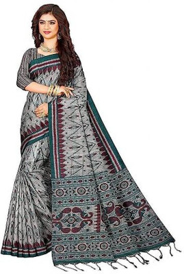Joyguru Textile Printed Handloom Cotton Blend Saree(Grey)