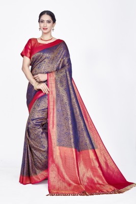 Aformi Woven Banarasi Silk Blend Saree(Blue, Brown)