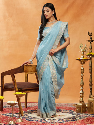 KASEE Embroidered Bollywood Chiffon Saree(Blue)
