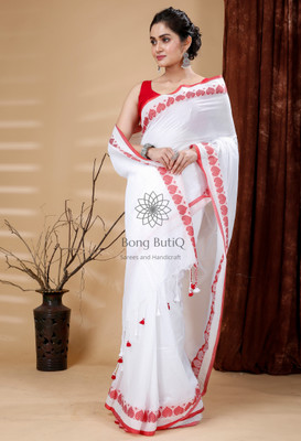 Bong ButiQ Woven Handloom Cotton Blend Saree(White)