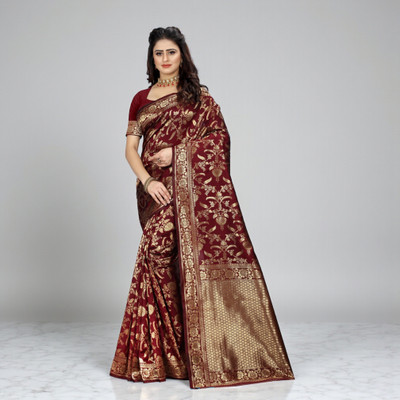 fFASHION Embellished, Solid/Plain, Striped, Temple Border, Floral Print, Dyed, Woven Banarasi Art Silk, Cotton Silk Saree(Maroon)