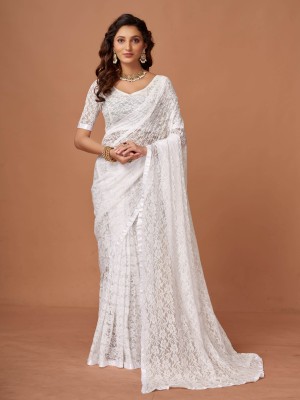 pridewear Self Design Bollywood Net Saree(White)