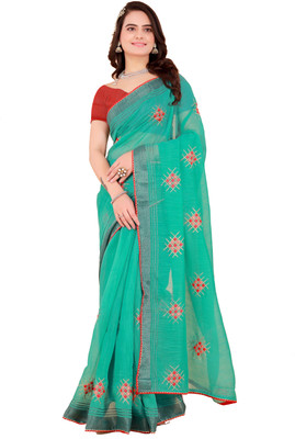 DESI Butik Embroidered Bollywood Cotton Blend Saree(Red)