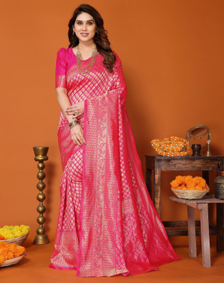 YASHIKA Printed Kanjivaram Silk Blend Saree(Pink)