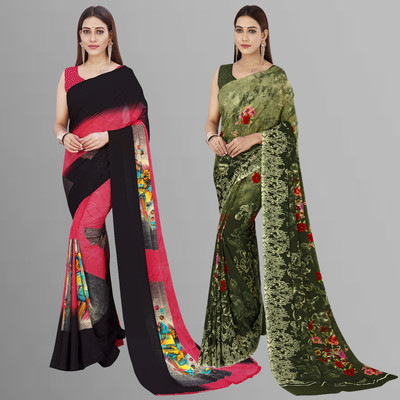 kashvi sarees Geometric Print Daily Wear Georgette Saree(Pack of 2, Pink, Black, Multicolor)