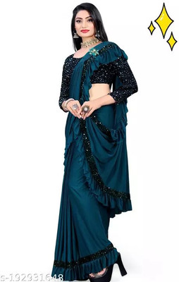 PLEXSTAR Self Design, Checkered Bollywood Lycra Blend Saree(Dark Blue)