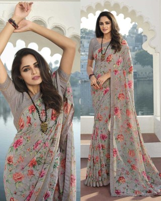 RUKHA FAB Printed Bollywood Georgette, Chiffon Saree(Grey, Pink)