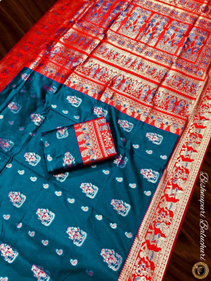 SONGITASAREE Woven Baluchari Silk Blend Saree(Blue)