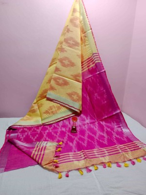 govind handloom Printed Bollywood Cotton Linen Saree(Pink, Yellow)