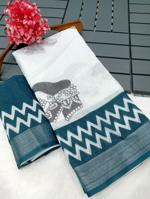AARAANA Woven, Self Design, Geometric Print Kanjivaram Linen Saree(White)