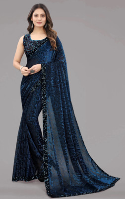 Heerali Self Design Bollywood Lycra Blend Saree(Blue)