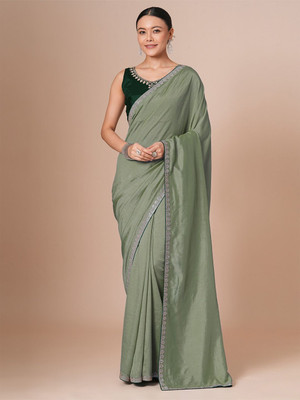House of Pataudi Solid/Plain Daily Wear Silk Blend Saree(Green)