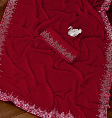 Dharam Creation Embellished Bollywood Georgette Saree(Red)