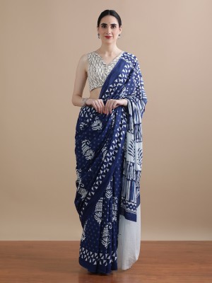 Jaipur Kurti Printed Daily Wear Pure Cotton Saree(Dark Blue, White)