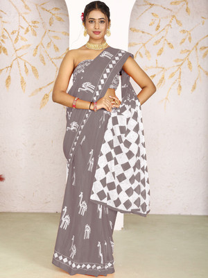 ANOUK Printed Saree with Attached Blouse Pure Cotton Saree(Grey)