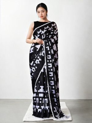 LeeliPeeri Designer Printed Bollywood Silk Blend Saree(White, Black)