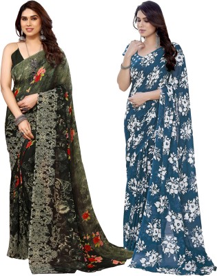 Anand Sarees Floral Print Daily Wear Georgette Saree(Pack of 2, Dark Green, Blue)