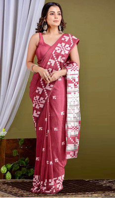 ANU INDIAN FASHION Geometric Print, Woven, Self Design Handloom Cotton Blend Saree(Maroon)