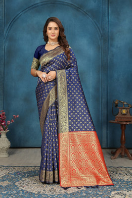 GARIYA Woven, Self Design, Temple Border Banarasi Silk Blend Saree(Dark Blue)