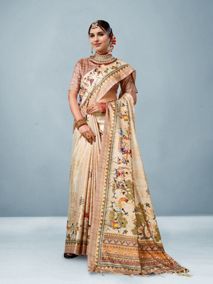 ANOUK Digital Print Bollywood Crepe Saree(Beige)