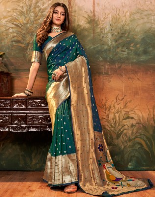 SIRIL Woven, Embellished, Self Design Paithani Silk Blend, Jacquard Saree(Green, Multicolor)