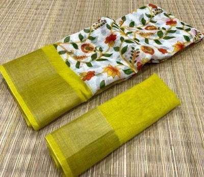 Saadhvi Printed Banarasi Cotton Blend Saree(Yellow)