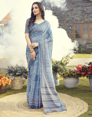 Samah Floral Print, Geometric Print Bollywood Pure Cotton Saree(Blue, White)