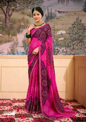 Radharani fusion Dyed, Printed, Tie-Dye Bandhani Georgette Saree(Pink, Purple)
