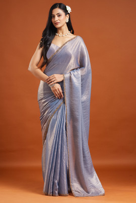 LOROFY Embellished Bollywood Tissue, Silk Blend Saree(Silver)