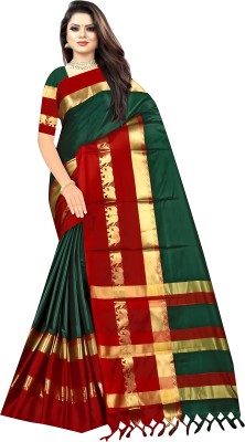 MoonTextile Temple Border Assam Silk Cotton Silk Saree(Dark Green)