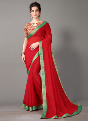 Saanjh Solid/Plain Saree with Attached Blouse Chiffon Saree(Red)