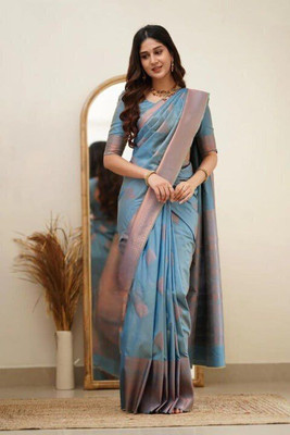 HouseOfCommon Printed Banarasi Pure Silk Saree(Blue)